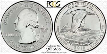 2018-S 25C Block Island NP-Silver Rev PR 50th Anniversary Set First Strike PR68