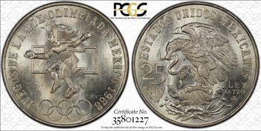 1968-Mo 25 Peso Olympic KM-479.1 Rings Align, Straight Tongue MS66