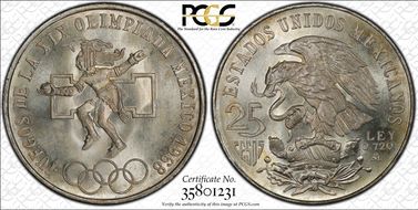 1968-Mo 25 Peso Olympic KM-479.1 Rings Align, Straight Tongue MS67