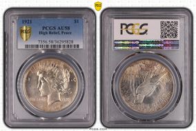 1921 $1 High Relief, Peace AU58