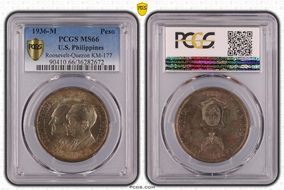 1936-M Peso Roosevelt-Quezon KM-177  Ag MS66
