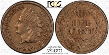 1864 1C Copper-Nickel AU50
