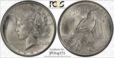 1921 $1 High Relief, Peace MS64