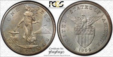 1909-S Peso KM-172  Ag AU58