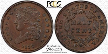 1832 1/2C AU53BN