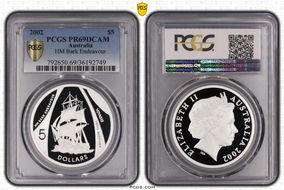 2002 $5 HM Bark Endeavour Voyages into History PR69DCAM