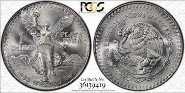 1989-Mo Onza Libertad Ag w/o Dot before 999 MS68
