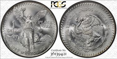 1989-Mo Onza Libertad Ag w/o Dot before 999 MS67
