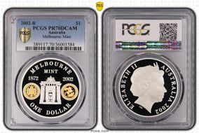 2002 $1 Melbourne Mint KM-660 Select Gilt  Ag PR70DCAM