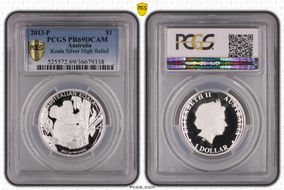 2013-P $1 Koala Ag High Relief PR69DCAM