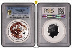 2012-P $1 Year of the Dragon Brown  Ag Colorized MS69