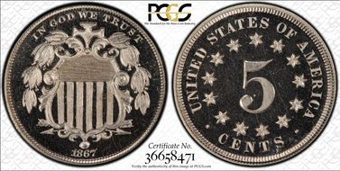 1867 5C No Rays PR66DCAM