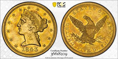 1843-O $5 Small Letters AU50