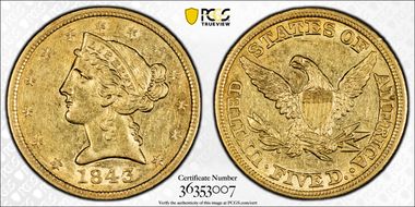 1843 $5 AU55