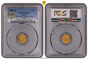 1854-A 5 Fr Gad-1000 Tranche lisse F-500 Au MS62