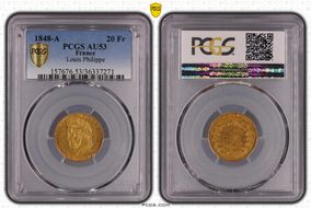 1848-A 20 Fr Gad-1031 Louis Philippe AU53