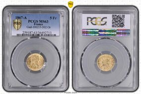 1867-A 5 Fr Gad-1002 F-502 Or MS63