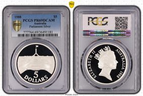 1988 $5 Parliament Ag PR69DCAM