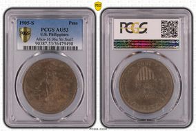 1905-S Peso Allen-16.06a Straight Serif AU53