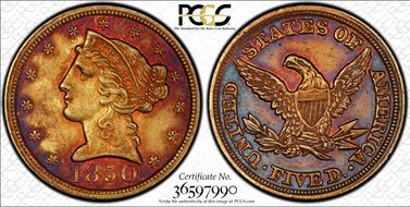 1850-C $5 Weak C AU53