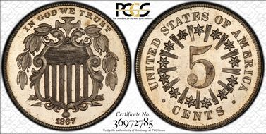 1867 5C Rays JD-1, Original, D-1 PR66CAM