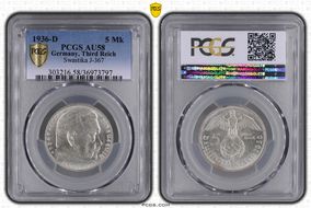 1936-D 5 Mk Swastika J-367 AU58