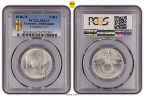 1936-D 5 Mk Swastika J-367 MS62