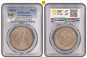 1905-S Peso Allen-16.06a Straight Serif AU55