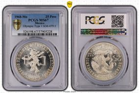 1968-Mo 25 Peso Olympic KM-479.1 Rings Align, Straight Tongue MS67