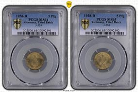 1938-D 5 Pfg J-363 MS64