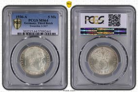 1936-A 5 Mk Swastika J-367 MS64