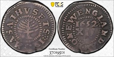 1652 Shilling Pine Tree, Small Planchet F15