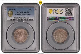 1920-S 25C Clashed Dies FS-401 AU58