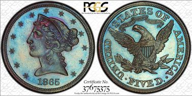 1865 $5 J-446 PR67BN