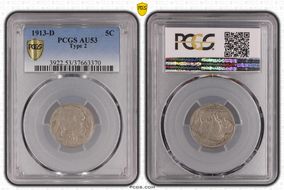 1913-D 5C Type 2 AU53