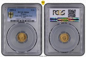 1854-A 5 Fr Gad-1000 Tranche lisse F-500 Au MS64