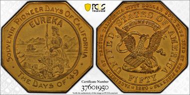 (c.1940s) Tk "$50" Jankovsky-J640 Gilt-Cu Days of '49 Slug, Blunt 4 MS64