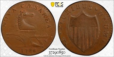 1786 NJ 1/2P Maris 14-J, Stegosaurus Head MS62+ BN