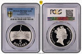 1988 $5 Parliament Ag PR70DCAM