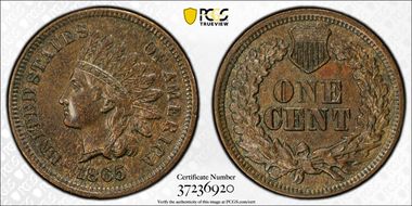 1865 1C Plain 5 AU58BN