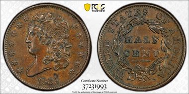 1834 1/2C C-1 AU58BN