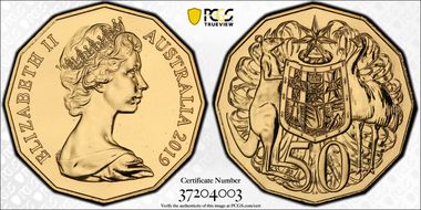 2019 50C Dodecagon 50C 50th Ann. A. Machin Effigy Gilt MS69