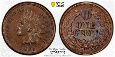 1864 1C L on Ribbon AU58+ BN