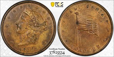 (1852) Tkn $20 K-6 California Counter Bronze MS62BN