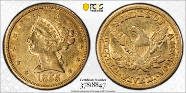 1855-D $5 Medium D AU50