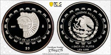 1997-Mo 5 Peso Disco de la Muerte KM-619  Ag PR69DCAM