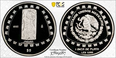 1998-Mo 5 Peso Jaguar KM-663  Ag PR69DCAM