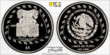 1998-Mo 5 Peso Quetzalcoatl KM-665  Ag PR69DCAM