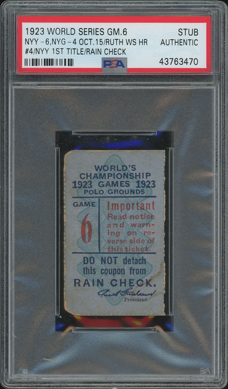 1923 World Series Game 6 ticket stub graded PSA Authentic, the Yankees' first title