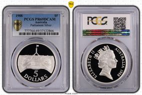 1988 $5 Parliament Ag PR69DCAM